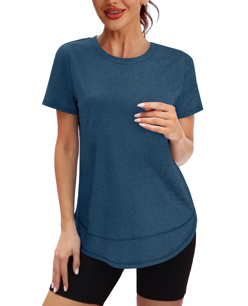 Short Sleeve Shirts for Women Workout Yoga Tops Sun Protection Clothing Summer Outfits Rash Guard Side Slit Blue XL