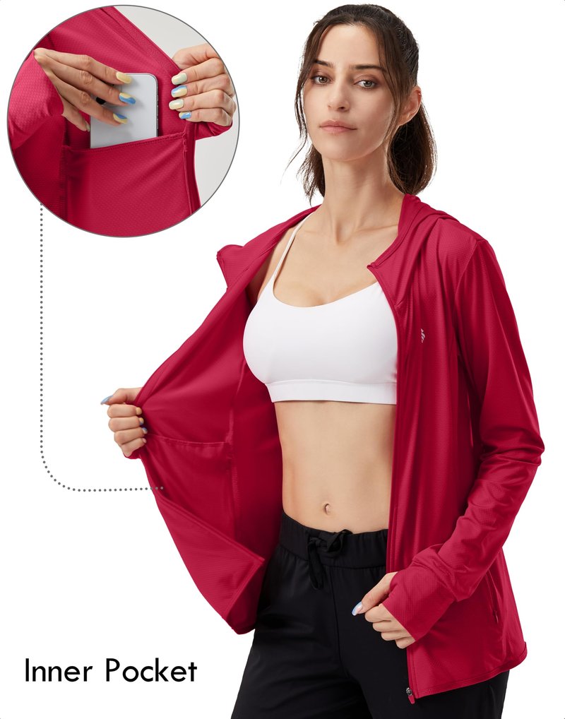 Soothfeel Women's UPF 50+ Sun Protection Hoodie Jacket Lightweight Long Sleeve Sun Shirt for Women with Pocket Hiking Outdoor(Red, XS)