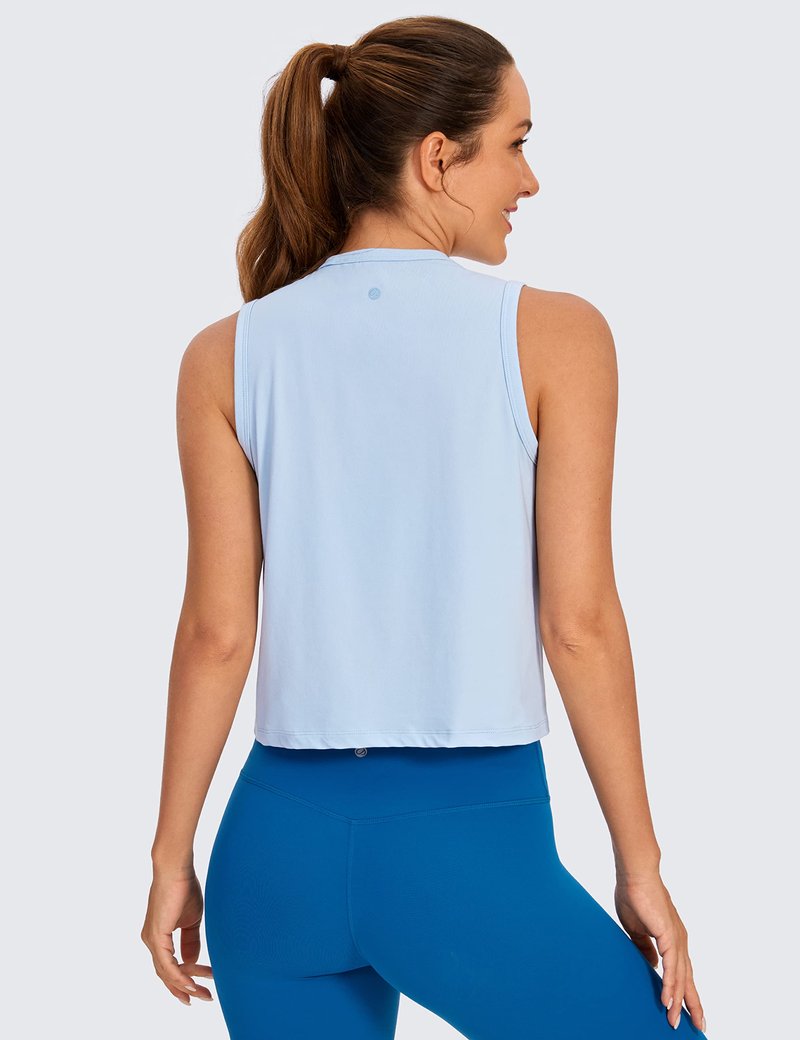 CRZ YOGA Pima Cotton High Neck Cropped Tank Tops for Women Soft Crop Workout Athletic Yoga Basic Sleeveless Shirts Blue Linen X-Large