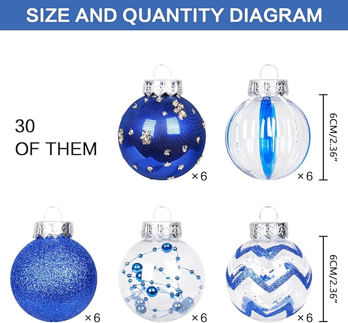 SY Super Bang 30PCS Blue Christmas Ornaments Set, 60MM/2.36" Clear Plastic Shatterproof Ball Ornaments for Christmas Tree Hanging Decorations, for Home Holiday Party Xmas Decor.