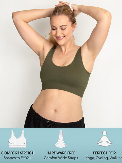 Fruit of the Loom Women's 360 Stretch Longline Sport, Comfortable Wireless Bras, Seamless Full-Coverage for a Natural Shape, Desert Dusk/Olive Night/Black