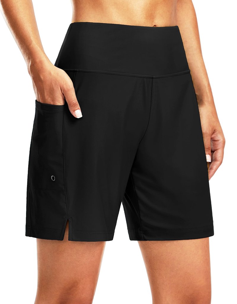 G Gradual Women's 7" Long Swim Board Shorts High Waisted Quick Dry Beach Swimming Shorts for Women with Liner Pockets(Black,XL)