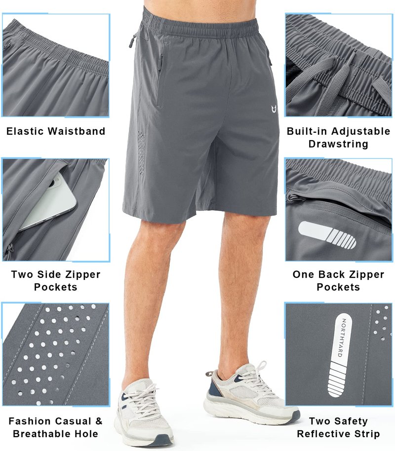 NORTHYARD Men's Athletic Running Shorts Gym Workout 7"/9"/5" Quick Dry Lightweight Sports Basketball Tennis 3 Zipper Pockets SMOKEGREY-9inch 2XL