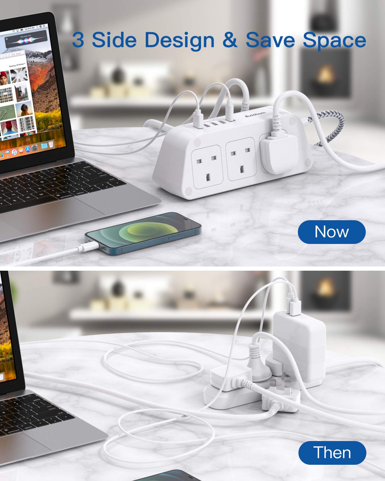 Extension Lead with USB Slots，6 Way Outlets 5 USB(5A, 1 USB- C and 4 USB-A Port) with 1.6M Braided Extension cord, 3250W Overload Protection，Security Surge Protection Plug Extension Socket