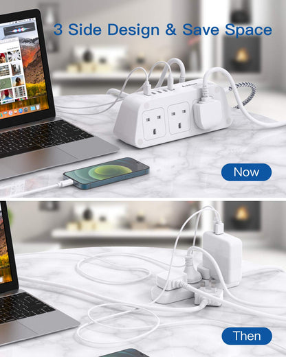 Extension Lead with USB Slots，6 Way Outlets 5 USB(5A, 1 USB- C and 4 USB-A Port) with 1.6M Braided Extension cord, 3250W Overload Protection，Security Surge Protection Plug Extension Socket