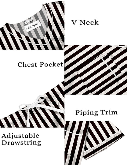 Ekouaer Silk Pajama for Women Short Sleeve Satin Pj Set Two Piece Soft Sleepwear Loungewear Casual Pjs for Summer Black-Champagne Stripes L