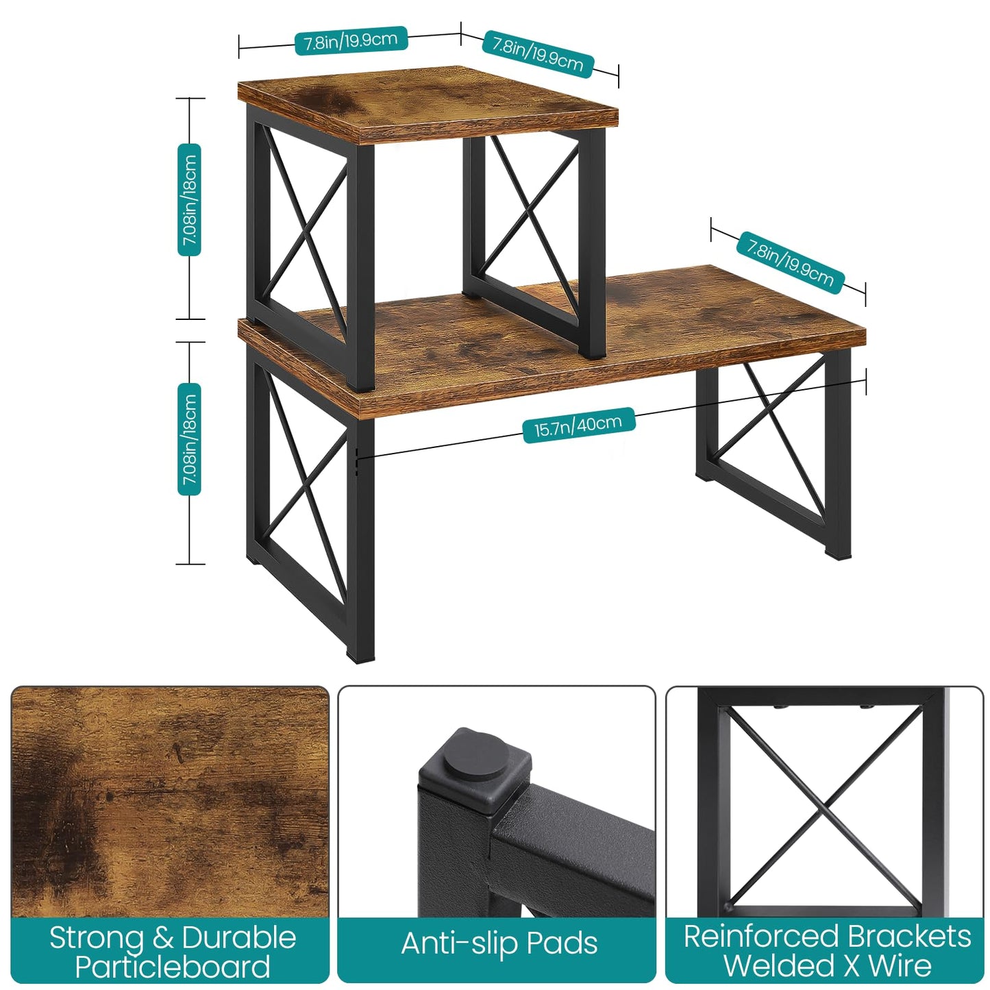 ELITEROO Wood Desktop Shelf, 2 Tier Adjustable Small Bookshelf Organizer, Freestanding Stackable Desk Stand, Storage Organizers, Kitchen Counter Display Rack, Rustic Brown