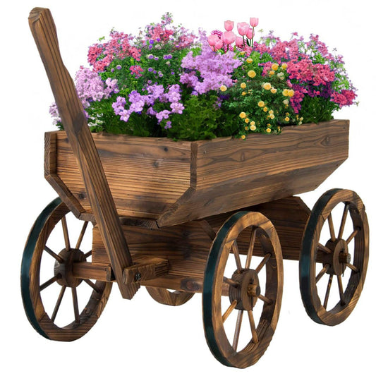 Watbick Wood Wagon Planter for Outdoor Balcony Decor - Garden Rustic Wooden Flower Cart with Wheels for Outside - Decorative Indoor - Wheelbarrow Planter for Patio -Reinforced Wheel
