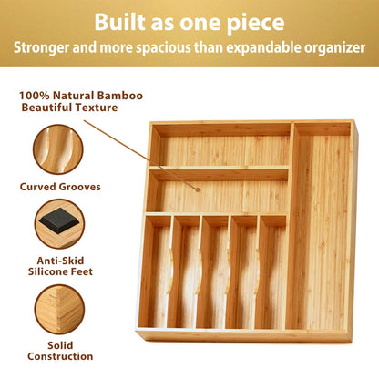 Umilife Bamboo Kitchen Drawer Organizer, 13 Inch Silverware Utensil Tray Holder, Extra Deep Grooved Drawer Divider, 7 Slots Total Bamboo Wood Caddy for Flatware Cutlery Knives, Forks, Spoons