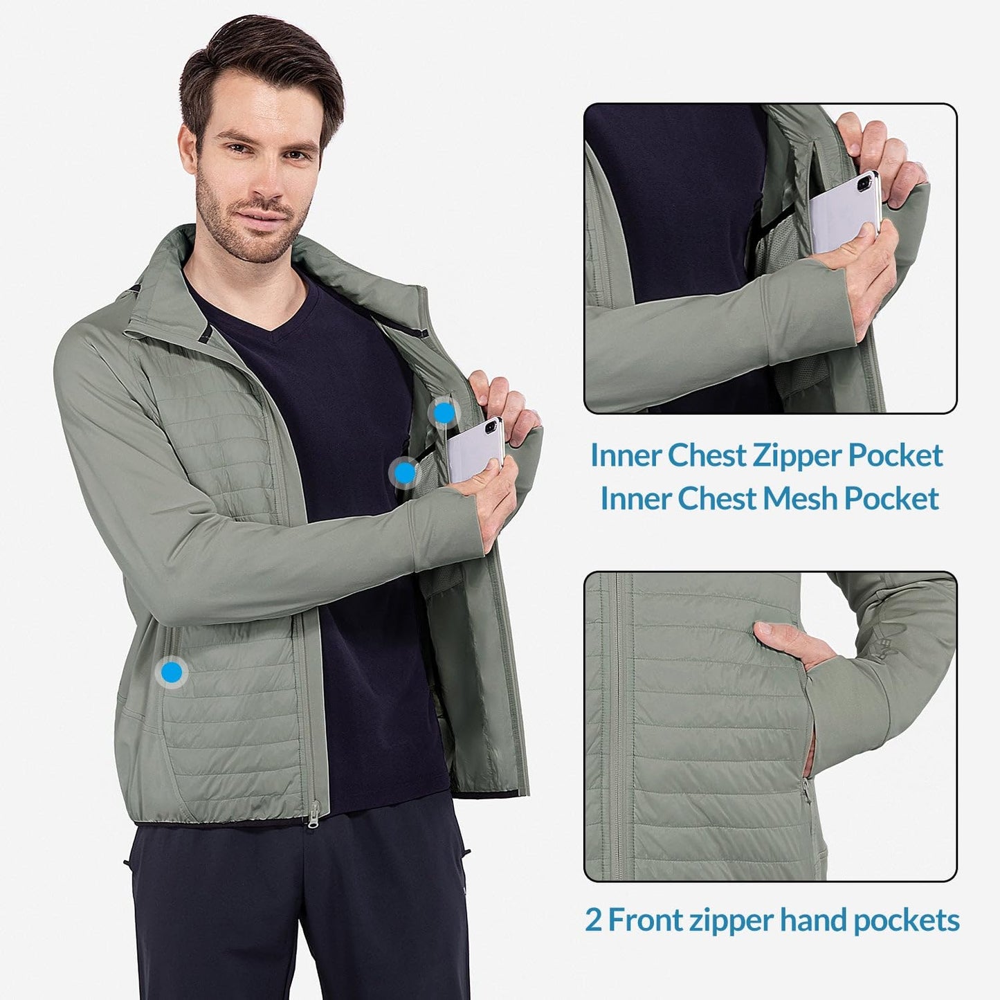 baleaf Men's Running Jacket Lightweight Warm Up Puffer Jacket Hybrid Thermal Hiking Golf Insulated Coat Thumble Hole Olive XL