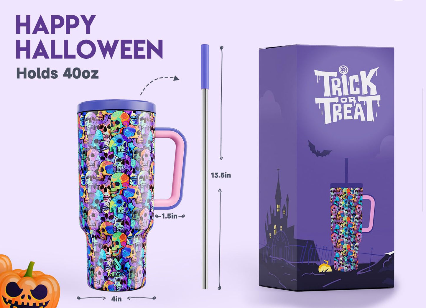 Meoky 40 oz Halloween Tumbler with Handle and Straw, Tumbler with Lid and Straw, Insulated Stainless Steel Travel Mug, 100% Leak-proof, Keeps Cold for 34 Hours or Hot for 10 Hours (Purple Skull)