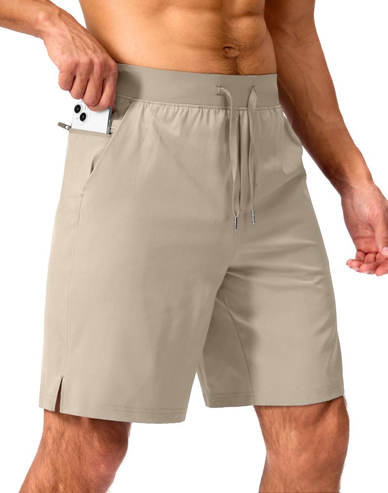 Soothfeel Men's Running Shorts with Zipper Pockets 9 Inch Lightweight Quick Dry Gym Sports Athletic Workout Basketball Shorts for Men (Khaki, M)