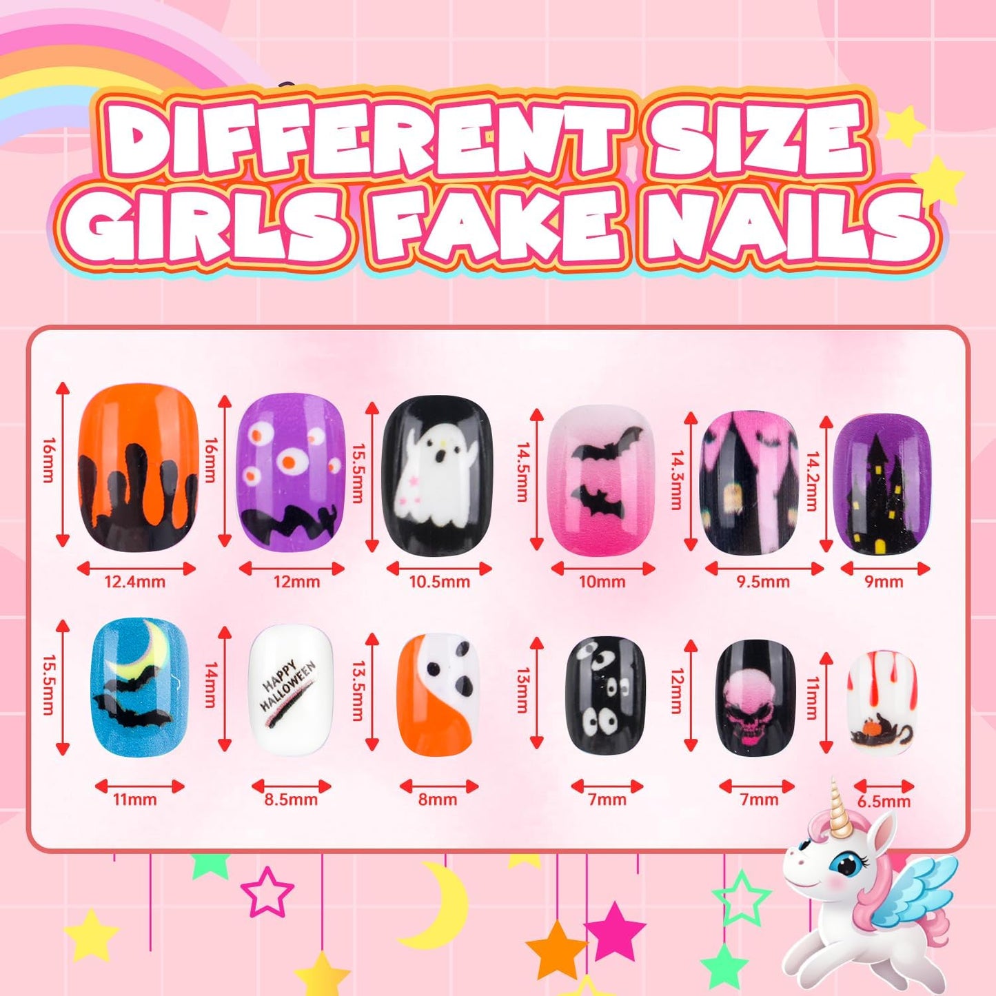 144 Pieces 6 Pack Kids Press on Nails Artificial Fake Nails for Kids Girls Pre Glue Full Cover Short Acrylic False Nail Tips Art Kits Gifts for Girls Nail Art Decoration (Halloween Pattern)