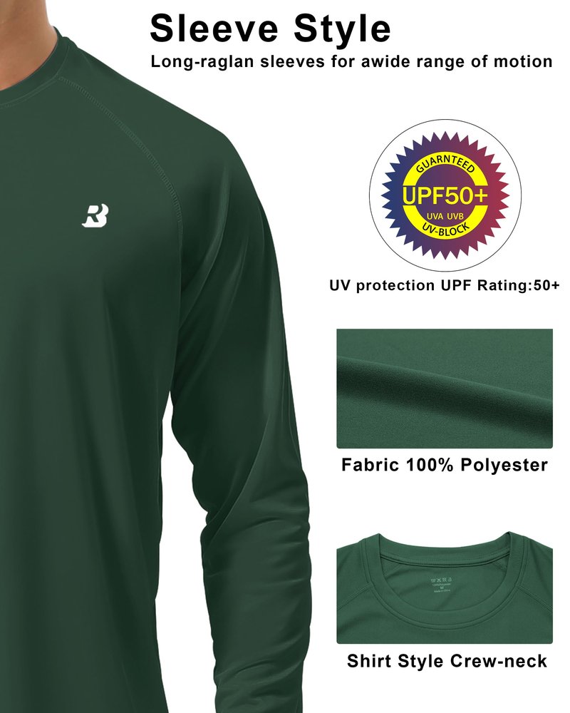 Roadbox Mens UPF 50+ Long Sleeve SPF Diving Rash Guard UV Sun Protection Shirts for Outdoor Fishing Hiking Swimming Running Emerald Green