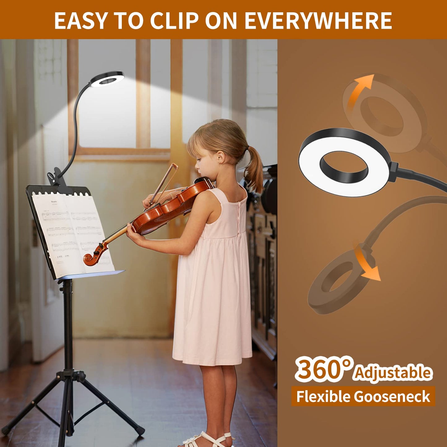 iZELL LED Desk Lamp with USB Adapter【3 Color Modes 10 Brightness】 Eye Caring Clip on Clamp Light, 40cm Flexible Gooseneck Book Ring Light for Gaming/Video Conference/Reading, Clip on Table, Headboard
