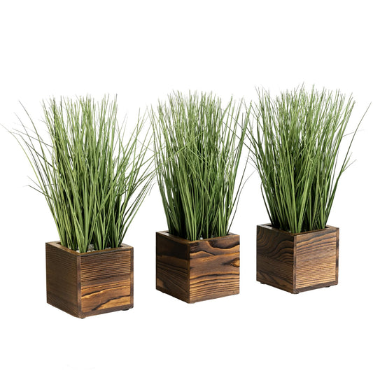 MyGift Artificial Green Grass Plants Trio in Rustic Burnt Solid Wood Planter Boxes, Faux Greenery in Decorative 4 Inch Square Wooden Containers, Set of 3