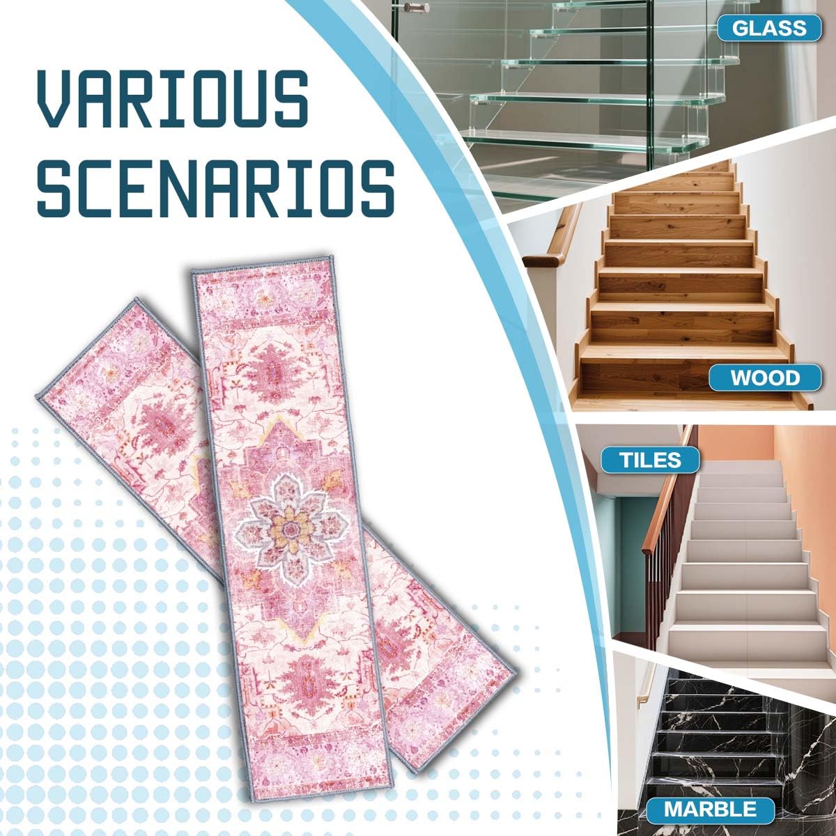 Non-Backed Membrane Stair Tread Mats, ‘8x30 Inches’ Edge Stair Tread Non-Slip Carpet Rugs, Silent Tread Mats, Wooden Steps Indoor Stair Rugs, Stair Decorative Carpets (Pink, 15pcs)