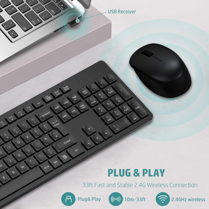 LeadsaiL Wireless Keyboard and Mouse Set, 2.4GHz USB Computer Keyboards and Mouse Combo, Full Size UK QWERTY Layout, Ergonomic Design with 12 Multimedia Shortcuts for HP/Lenovo Laptop and Mac - Black