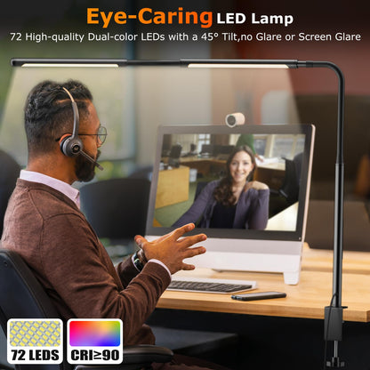 LED Desk Lamp for Office Home, Eye-Caring Desk Light with Stepless Dimming Adjustable Flexible Gooseneck, 10W USB Adapter Desk Lamp with Clamp for Reading, Study, Workbench (Black)
