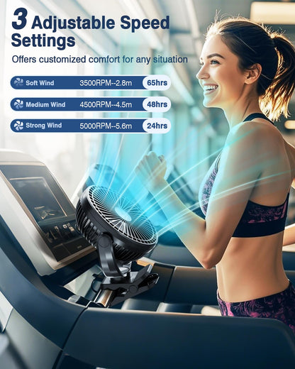 FRIZCOL 12000mAh 8 Inch Portable Clip On Fan Rechargeable, Battery Operated Desk Fan, Camping Fans with lights and Remote, USB Fans Sturdy Clamp for Golf Cart Desk Office Stroller Bedroom Tent