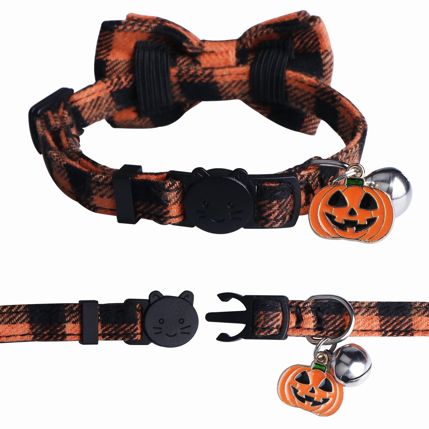STMK 2 Pack Halloween Plaid Cat Collars with Bow Tie Bell, Breakaway Adjustable Pumpkin Cat Kitten Collars with Bowtie Bell for Halloween Cats Kittens Costume Decorations