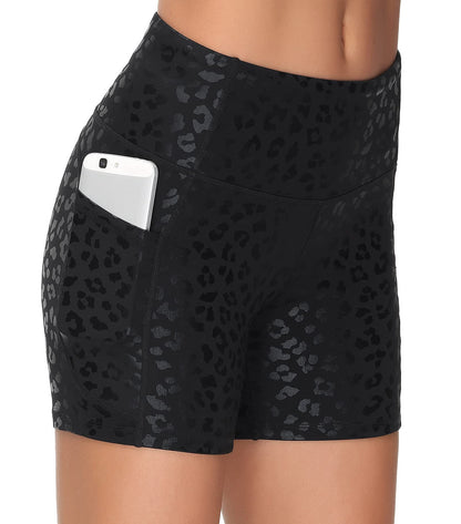 Dragon Fit High Waist Yoga Shorts for Women with 2 Side Pockets Tummy Control Running Home Workout Shorts (Medium, Black Leopard)