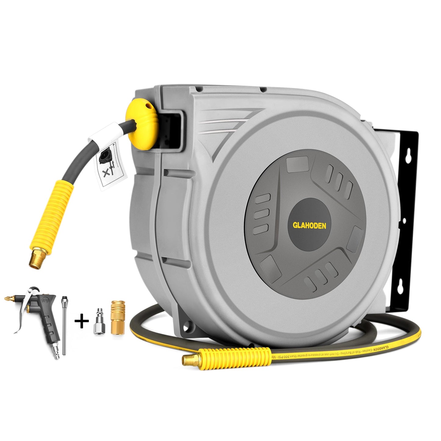 GLAHODEN Enclosed Retractable Air Hose Reel, 3/8 in x 50 Ft Hybrid Hose Air Compressor Hose Reel with 5 Ft Lead in Max 300 PSI Patented Design for Any Length Lock 180°Swivel Bracket Quick Coupler