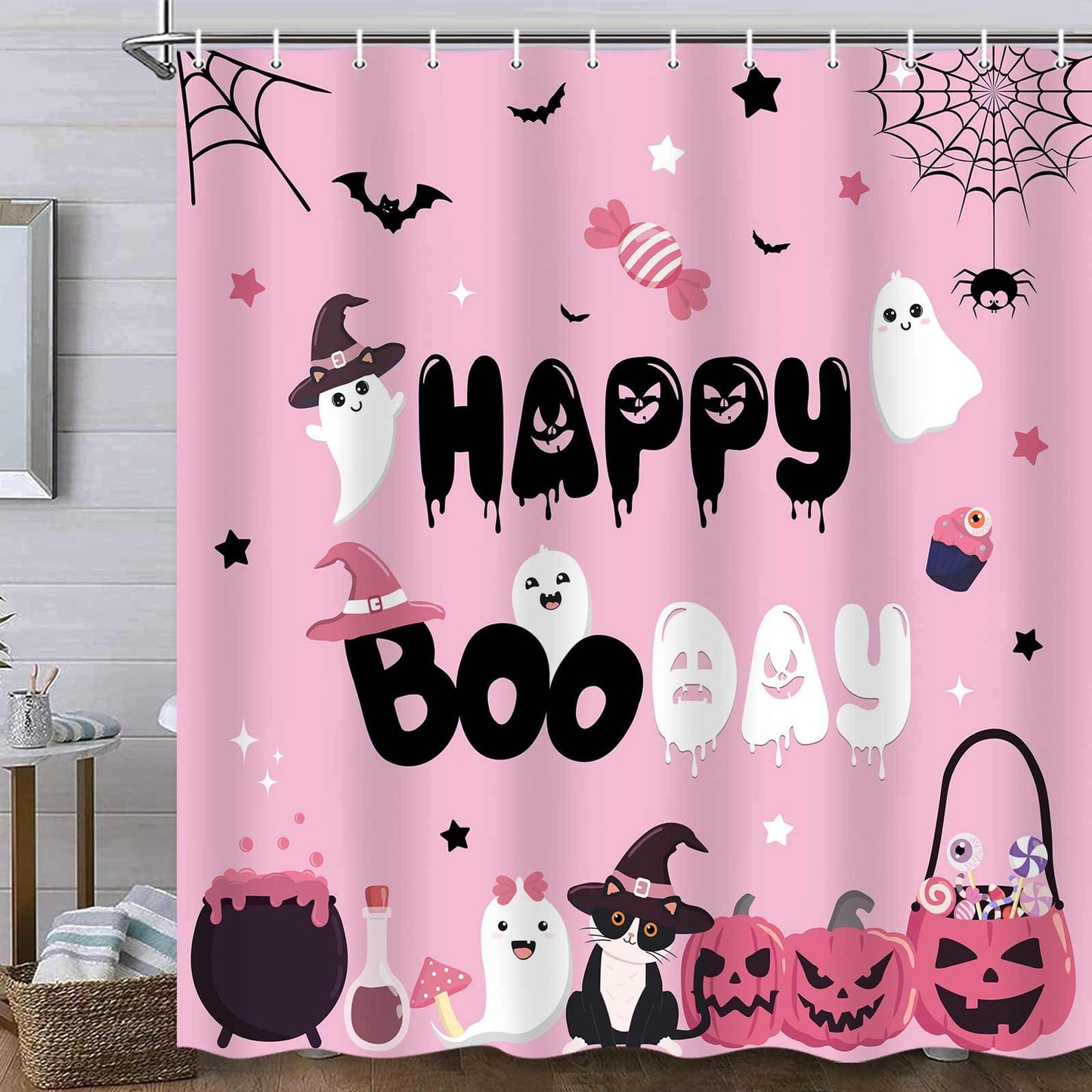 MERCHR Pink Halloween Shower Curtain Cute Ghost Pumpkin Funny Bathroom Curtains Waterproof Polyester Fabric Cloth Bath Curtain Decor 71X71Inch