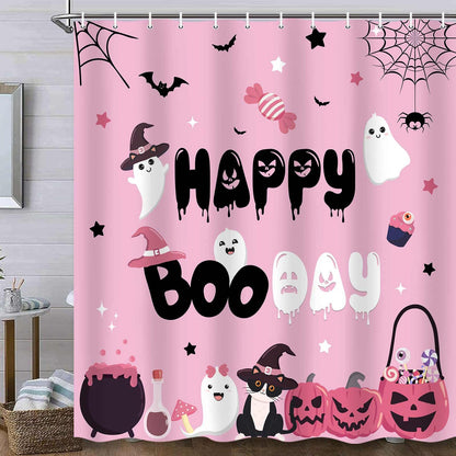 MERCHR Pink Halloween Shower Curtain Cute Ghost Pumpkin Funny Bathroom Curtains Waterproof Polyester Fabric Cloth Bath Curtain Decor 71X71Inch