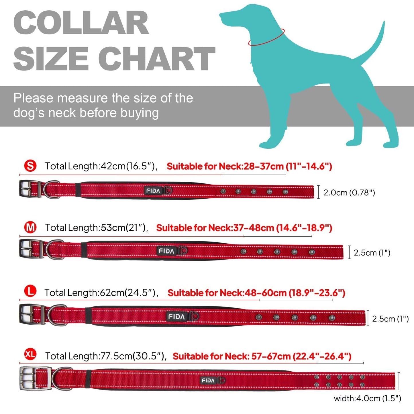 Fida Padded Dog Collar, Metal Belt Buckle Dog Collar with Double-Layer Webbing, Heavy Duty Collar for Medium Dogs, Red