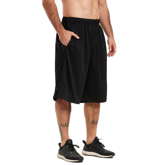 HQUEC Men's 12" Basketball Shorts Long Athletic Workout Gym Mesh Shorts Below Knee Loose-Fit with Pockets Black M