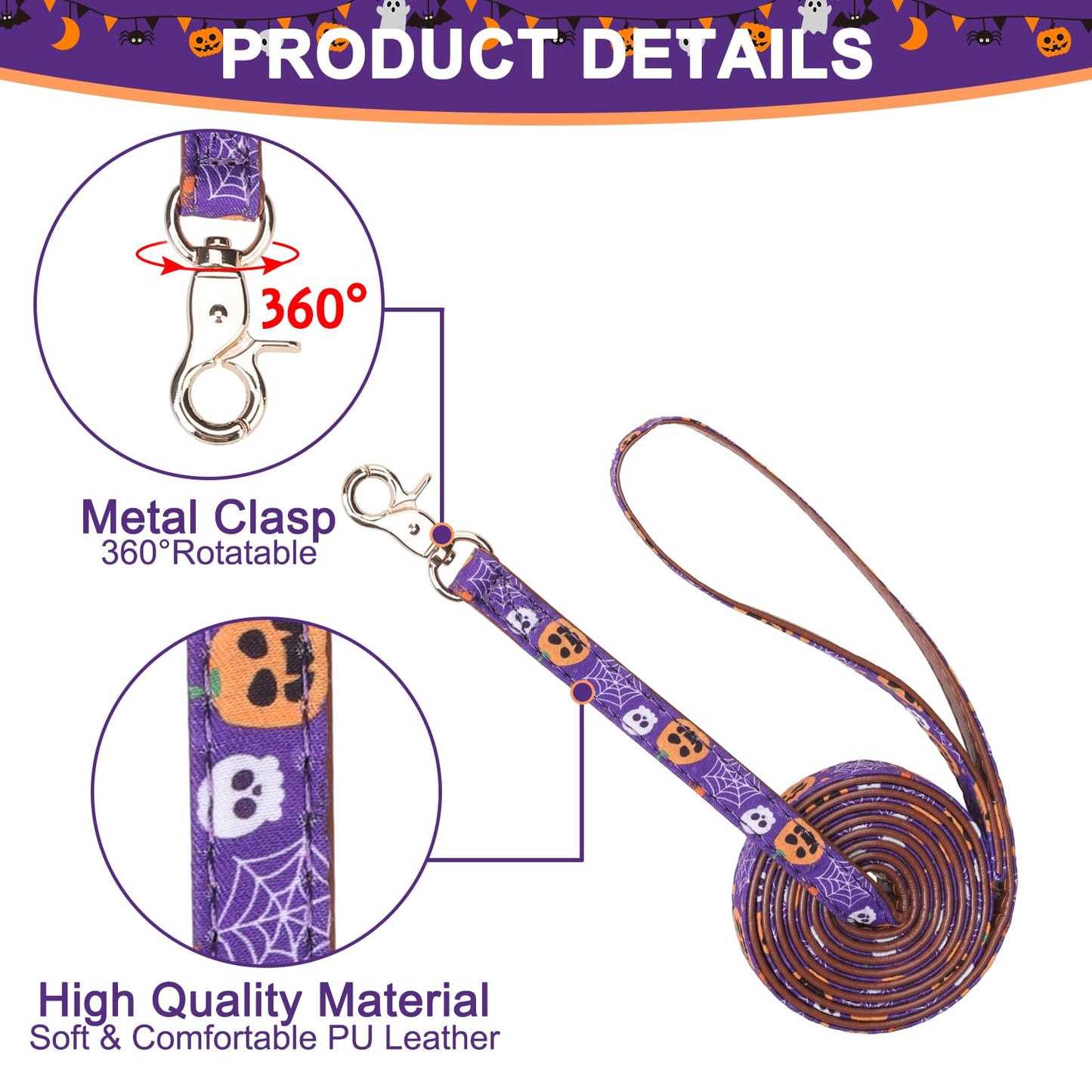 EXPAWLORER Halloween Dog Collar and Leash Set - Dog Bow Tie and Dog Bandana Collar with Bell, Dog Leash Tangle Free, Adjustable Collars for Small Medium Large Dogs Cats, Holiday Ideal Gift for Pets