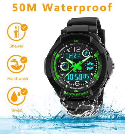 VDSOW Digital Watches for Kids Boys - 50M Waterproof Outdoor Sports Analogue Watch with Alarm/Timer/Dual Time Zone/LED Light, Childrens Electronic Shock Resistant Wrist Watches for Junior Teenagers