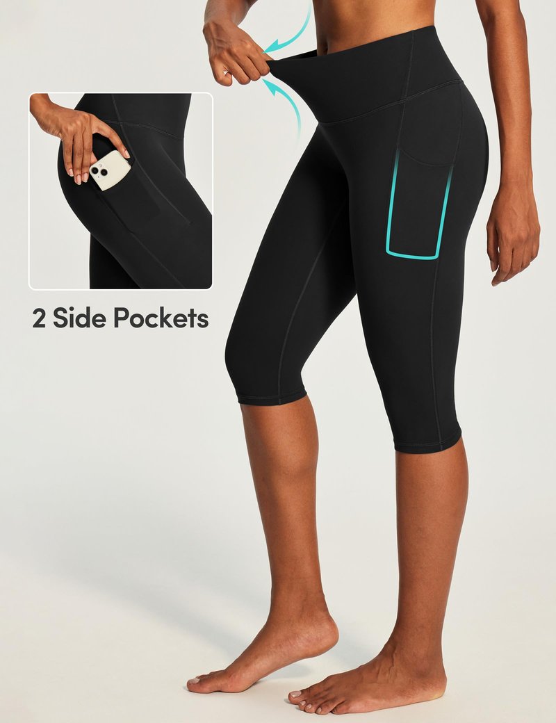 IUGA Capri Leggings for Women with Pockets Women's High Waisted Knee Length Capris Compression Yoga Pants Workout Leggings Black