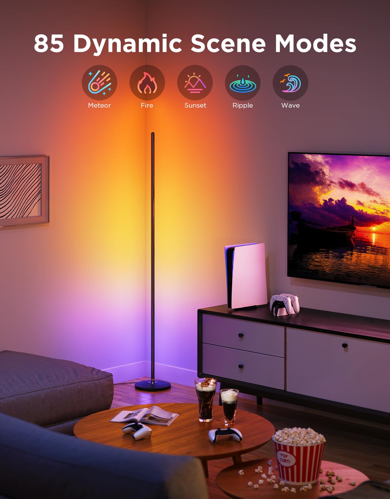 Govee LED Floor Lamp, RGBIC Modern Corner Lamp, Smart Standing Lamp with 61 Scene Modes,Music Sync, Black Corner Floor Lamp for Living Room, Bedroom