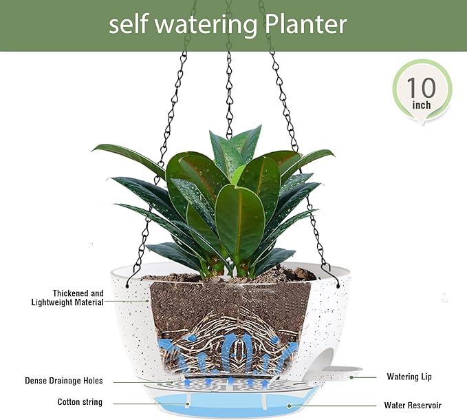 10 Inch Hanging Baskets 2 PC with Chains, Self-Watering Hanging Planters for Indoor Outdoor Plants, Plastic Hanging Flower Pots,Speckled White