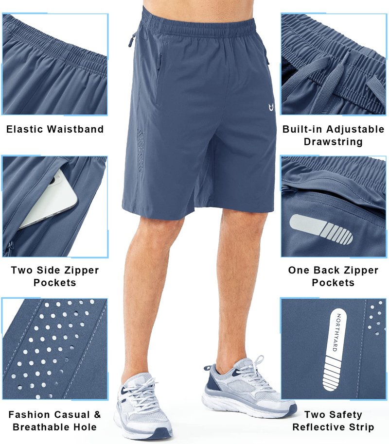 NORTHYARD Men's Athletic Running Shorts Gym Workout 7"/9"/5" Quick Dry Lightweight Sports Basketball Tennis 3 Zipper Pockets FEDERALBLUE-9inch L