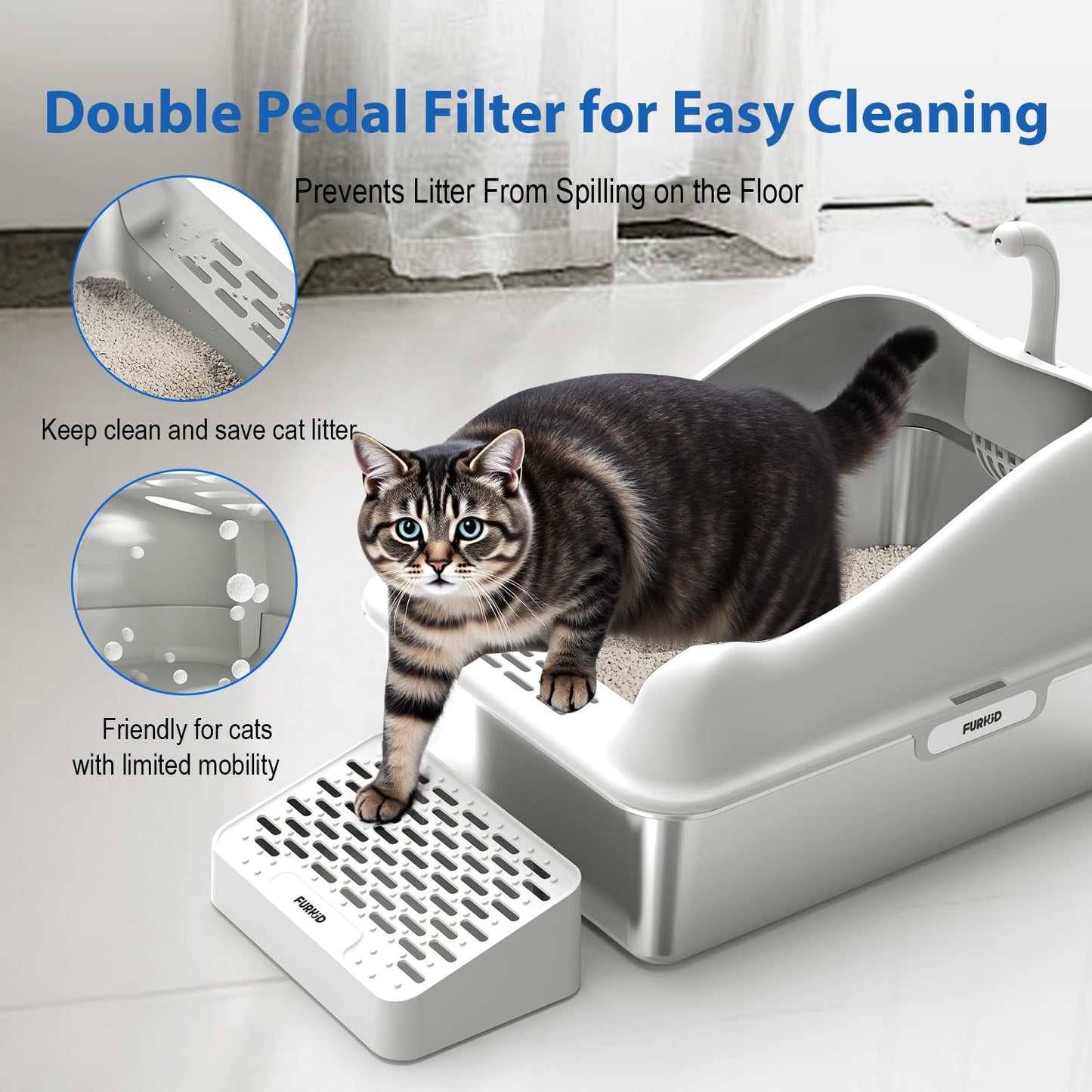 Furkid Stainless Steel Cat Litter Box with Lid, XL Extra Large Litter Box for Big Cats, High Sided Kitty Metal Pan with Pedal Filter and Scoop, Non-Sticky&Anti-Leakage Easy Cleaning Gray