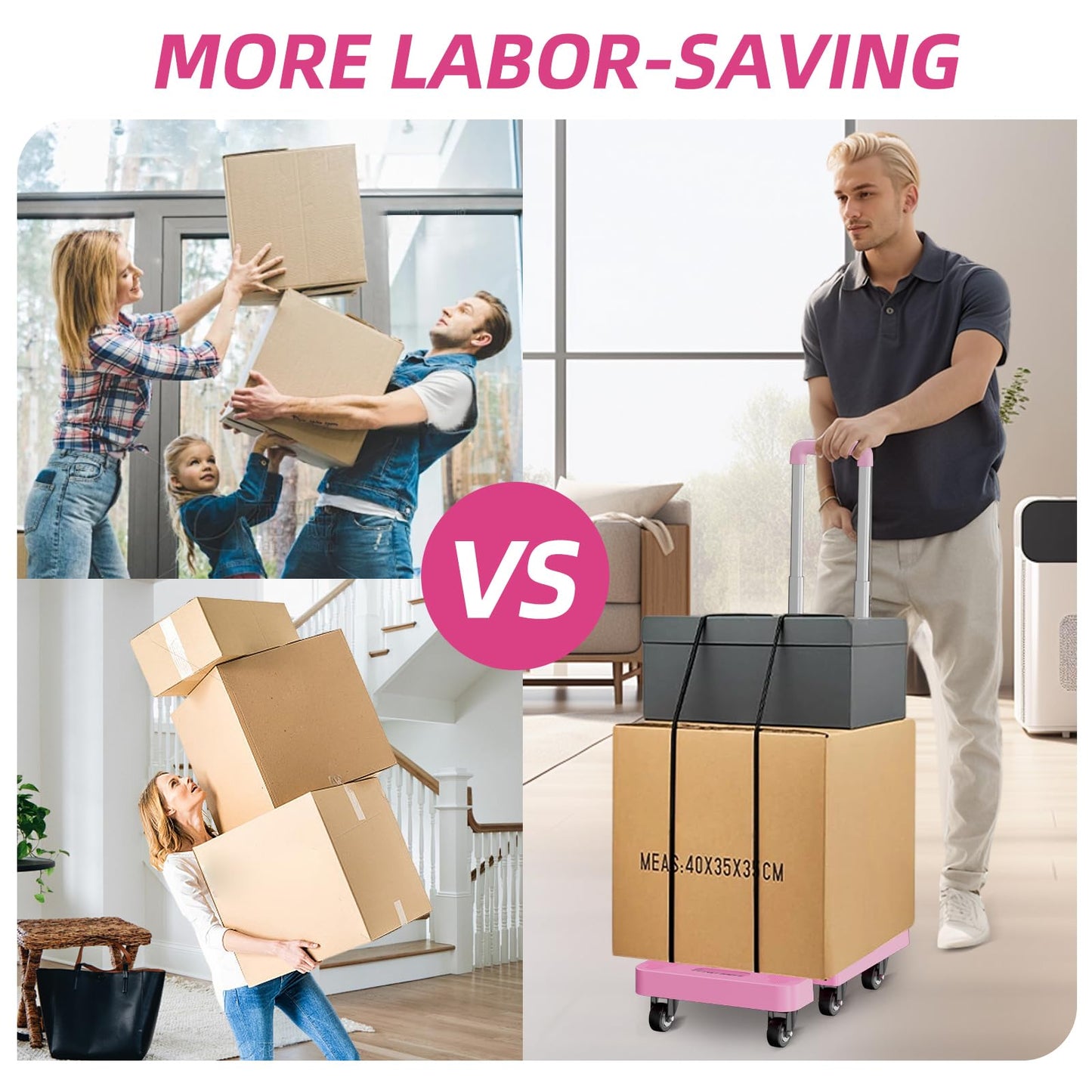 Folding Hand Truck, Foldable Cart for 500 lbs Heavy Luggage, Hand Truck Dolly, 6-Wheel Foldable Dolly with 2 Ropes, Ideal for Home, Office, and Travel Moving (Pink)