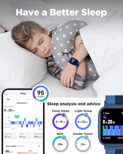 BIGGERFIVE Kids Smart Watch, 1.8" Fitness Watch Pedometer, Heart Rate, IP68 Waterproof, Sleep Tracker, Calorie Step Counter, 5 Puzzle Games with/without APP for Girls Boys Teens 5-16, Nylon