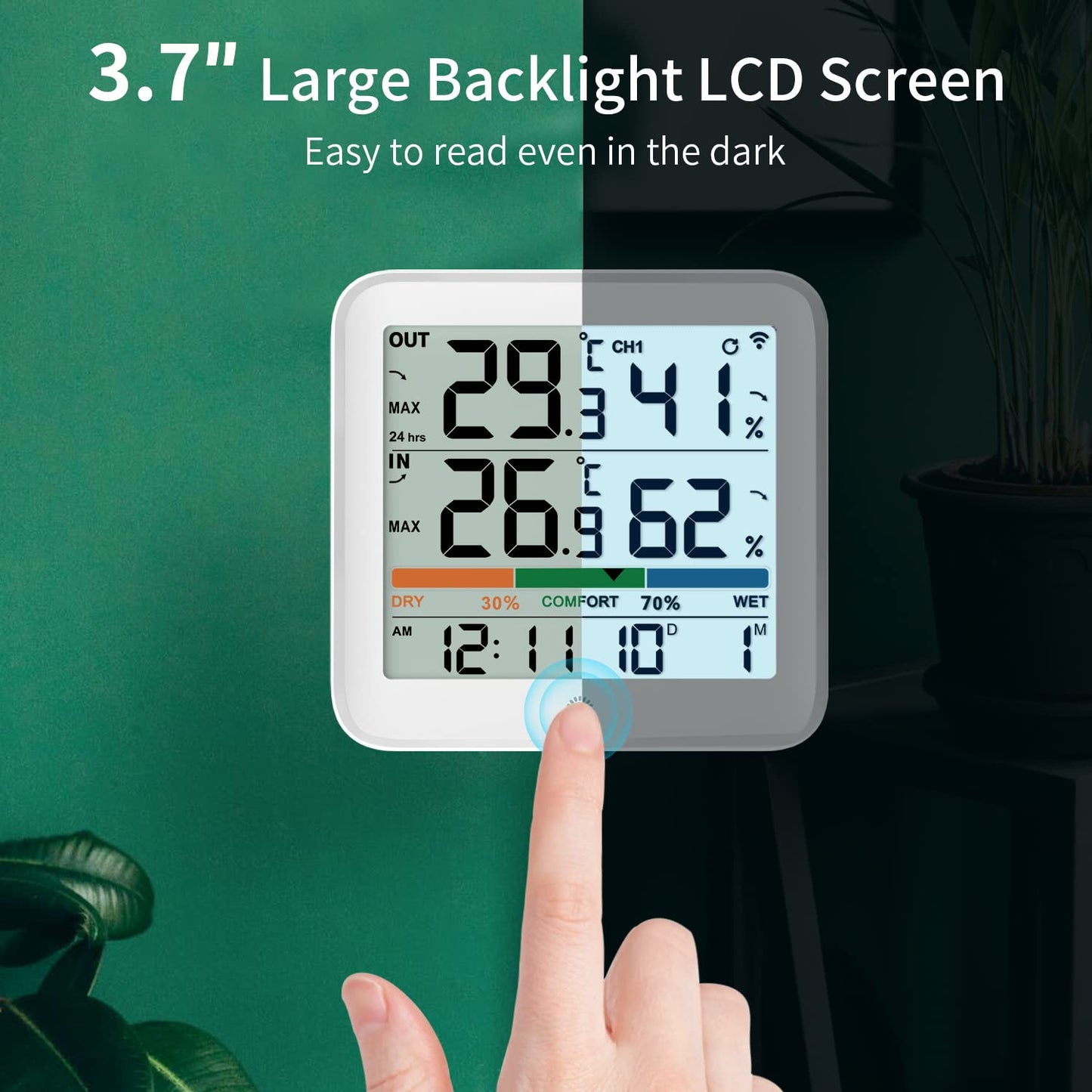 VOCOO Wireless Thermometer Indoor Outdoor Hygrometer with 1 Remote Sensors,Digital Humidity Temperature Gauge Meter Monitor with Backlit Clock Min/Max Value, ℉/℃ Air Indicator for Home, Greenhouse
