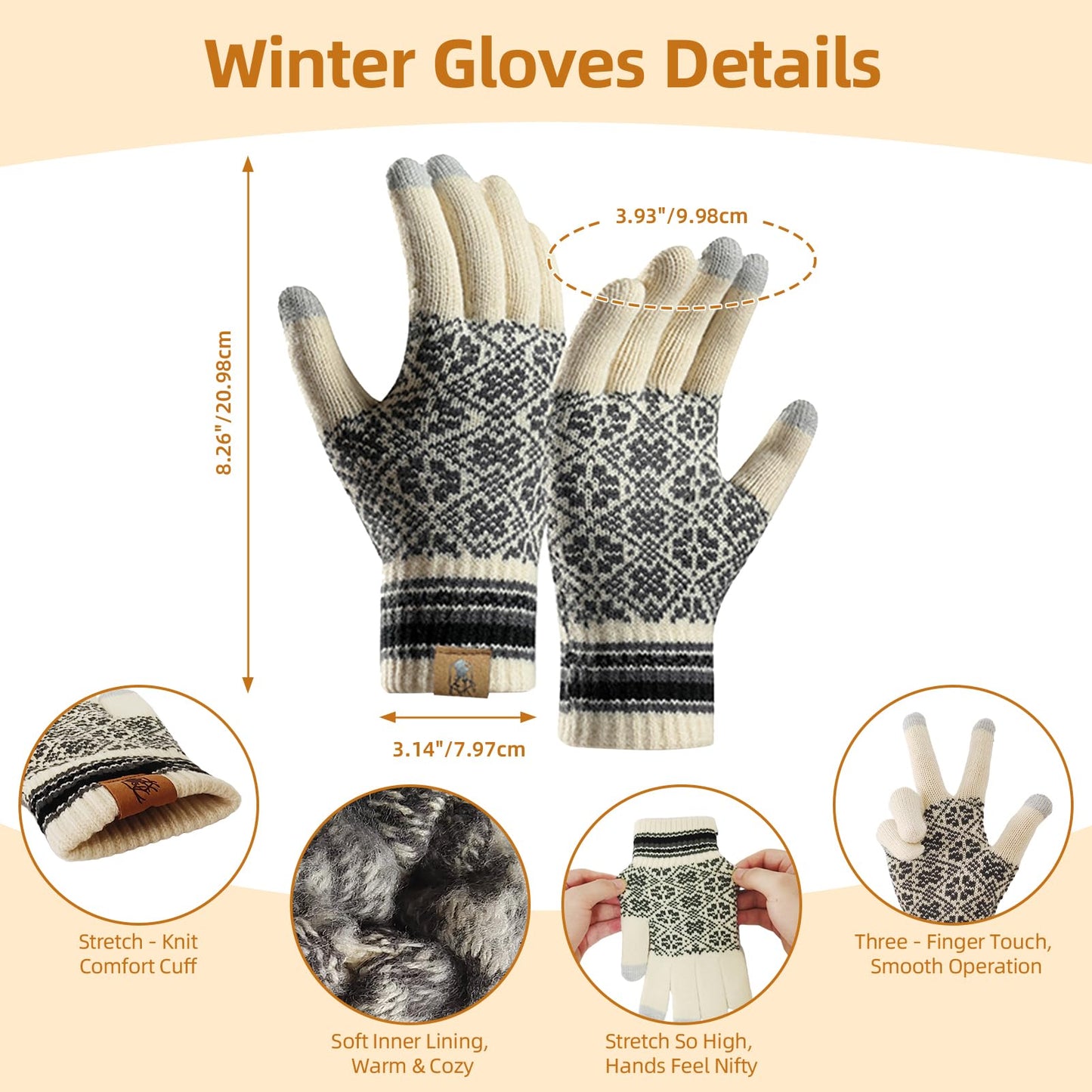 Winter Beanie Hat Long Scarf and Touchscreen Gloves for Women Fleece Lined Skull Cap Neck Scarves for Men 3Pcs