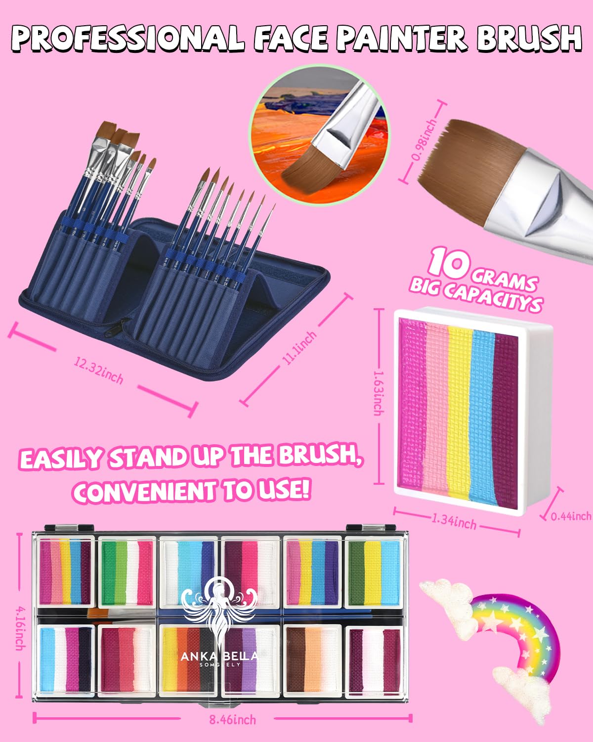 Anka Bella Professional Face Painting Kit for Kids,12X10gm Water Activated Rainbow Cake Face Paint with Stencil & Brushes,Hypoallergenic & Non-Toxic,Gift for Birthday Parties/Halloween/Carnival