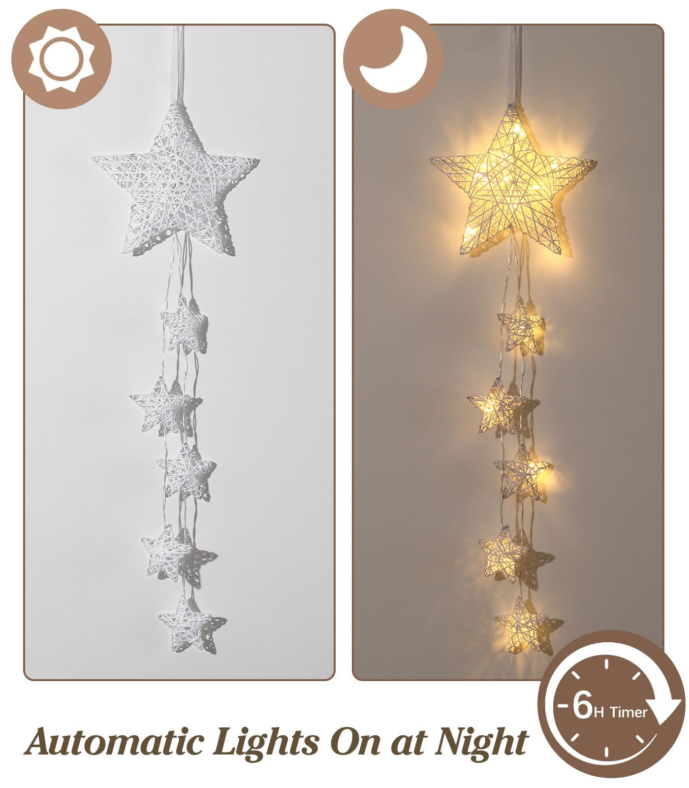 Lewondr Hanging Light, Rattan Star Shape Fairy Lights Indoor Decorative Lights Window Light Battery Operated Star Lights for Children's Room Bedroom Party Decoration with Timer Function, White