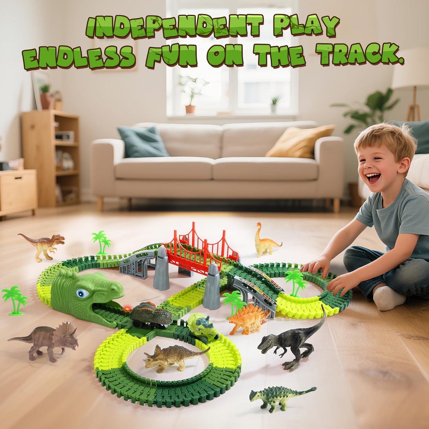 EagleStone Dinosaur Track Set for Kids – 225 PCS Flexible Race Tracks,1 Electric Dino Cars with Light, 8 Dino Figures, Dinosaur Head Tunnel,Christmas Birthday Gift for 3-8 Year Old Boys and Girls