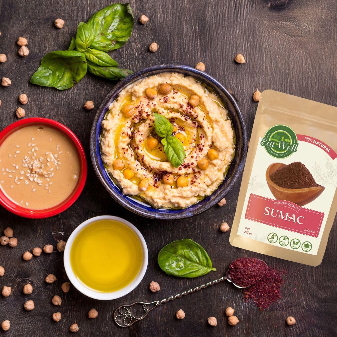 Eat Well Premium Foods Sumac Spice Powder 8 oz Ground Sumac Berries in Resealable Pack, 100% Natural Traditional Middle Eastern Spices, Sumac Seasoning with Pure Gourmet Ingredients for Cooking, Tangy and Citrusy