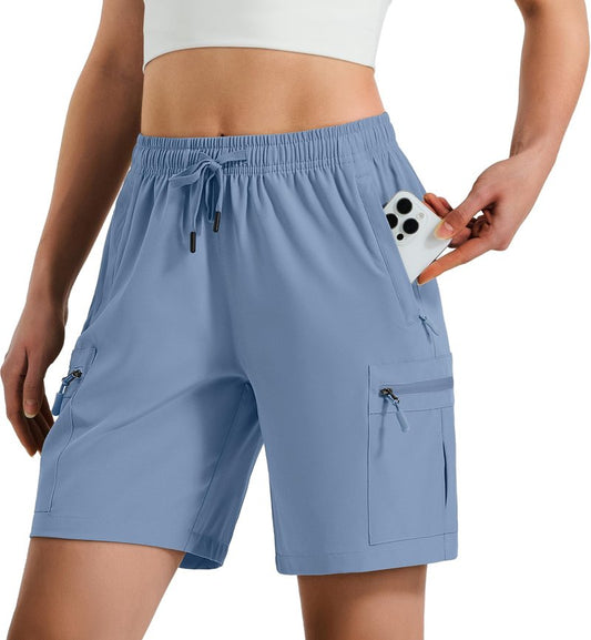 Hugut Women's Lightweight Hiking Cargo Shorts Quick Dry Athletic Shorts Camping Travel Golf Zipper Pockets Water Resistant Stone Blue