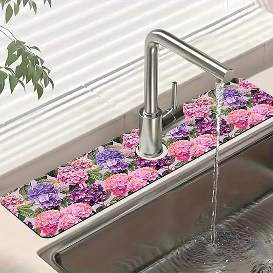 Colorful Hydrangea Kitchen Sink Splash Guard Faucet Mat Purple Pink Hydrangea