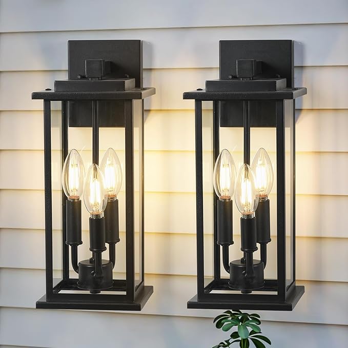 2-Pack 15" Outdoor Wall Lantern Candelabra 3-Light, Waterproof Exterior Wall Light Fixture with Clear Glass Front Porch Light Outdoor Wall Sconce, E12 Base Exterior Sconces for Garage