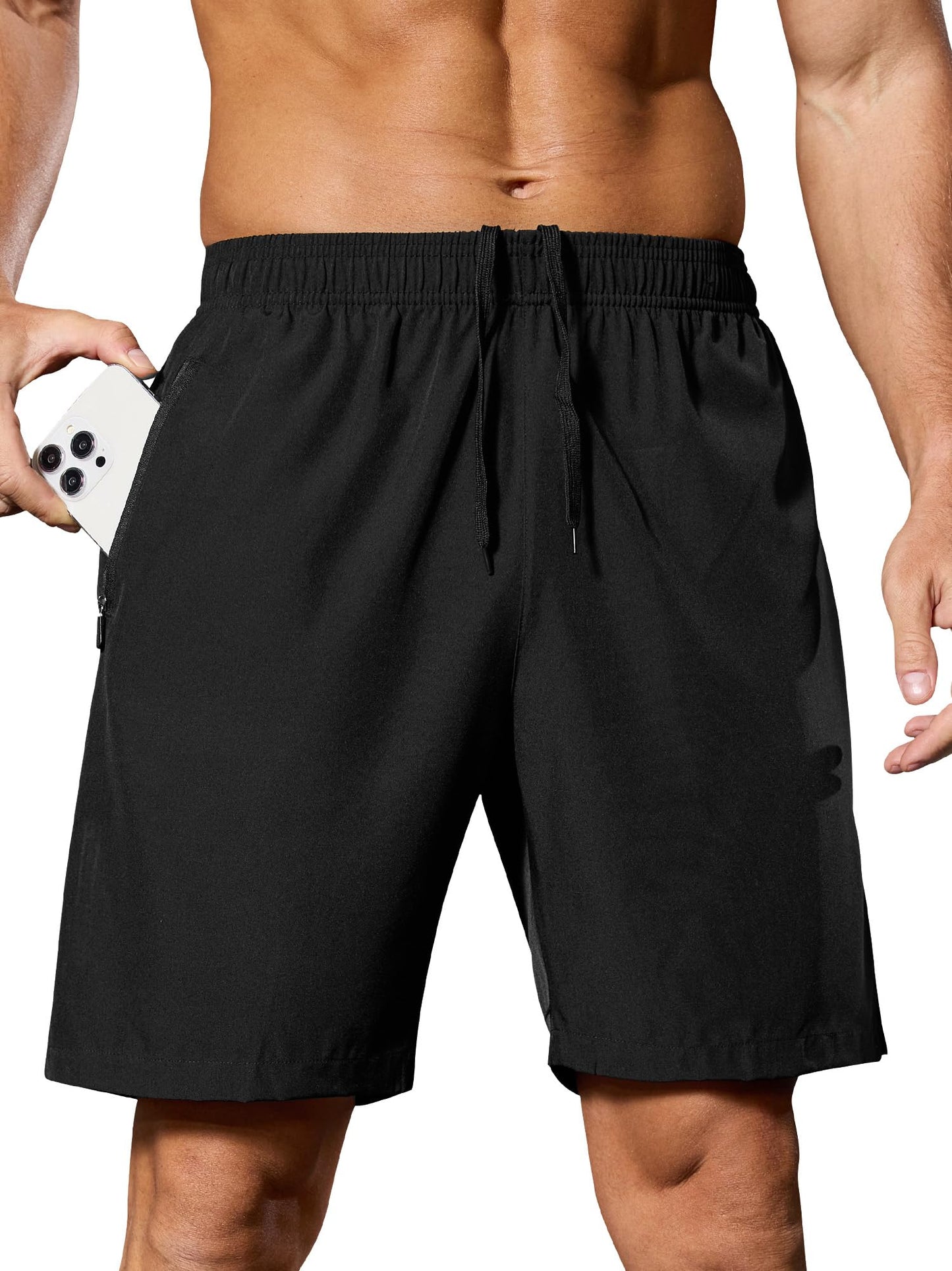 SILKWORLD Men's 7" Running Shorts Quick Dry Athletic Workout Gym Shorts with Zipper Pockets, Black, Large